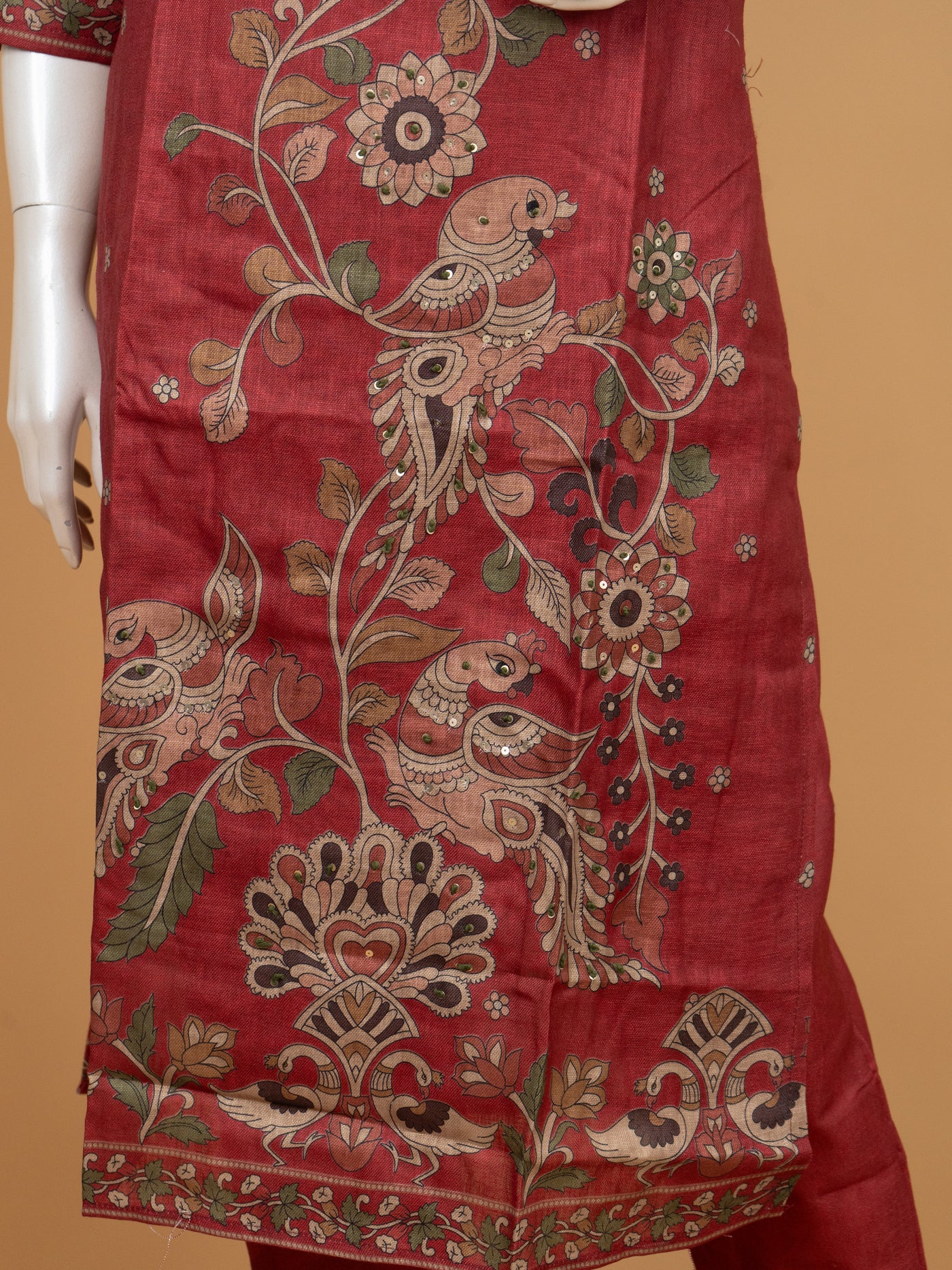 Rani Pink Embroidered Straight Cut Kurti Set with Kalamkari Dupatta