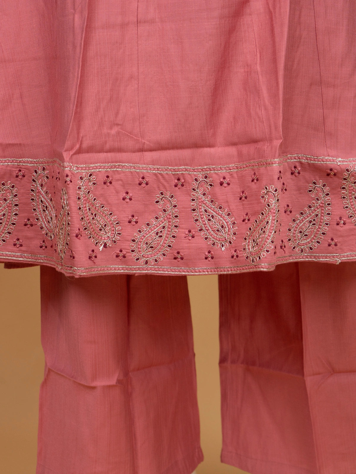 Rose Pink cotton embroidered A-Line kurti set with maroon contrast zari dupatta