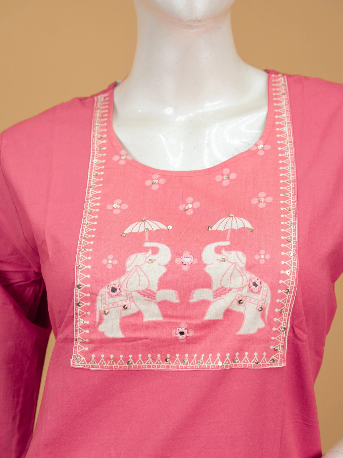 Pink cotton straight cut kurti set with elephant motif embroidered yoke and printed dupatta