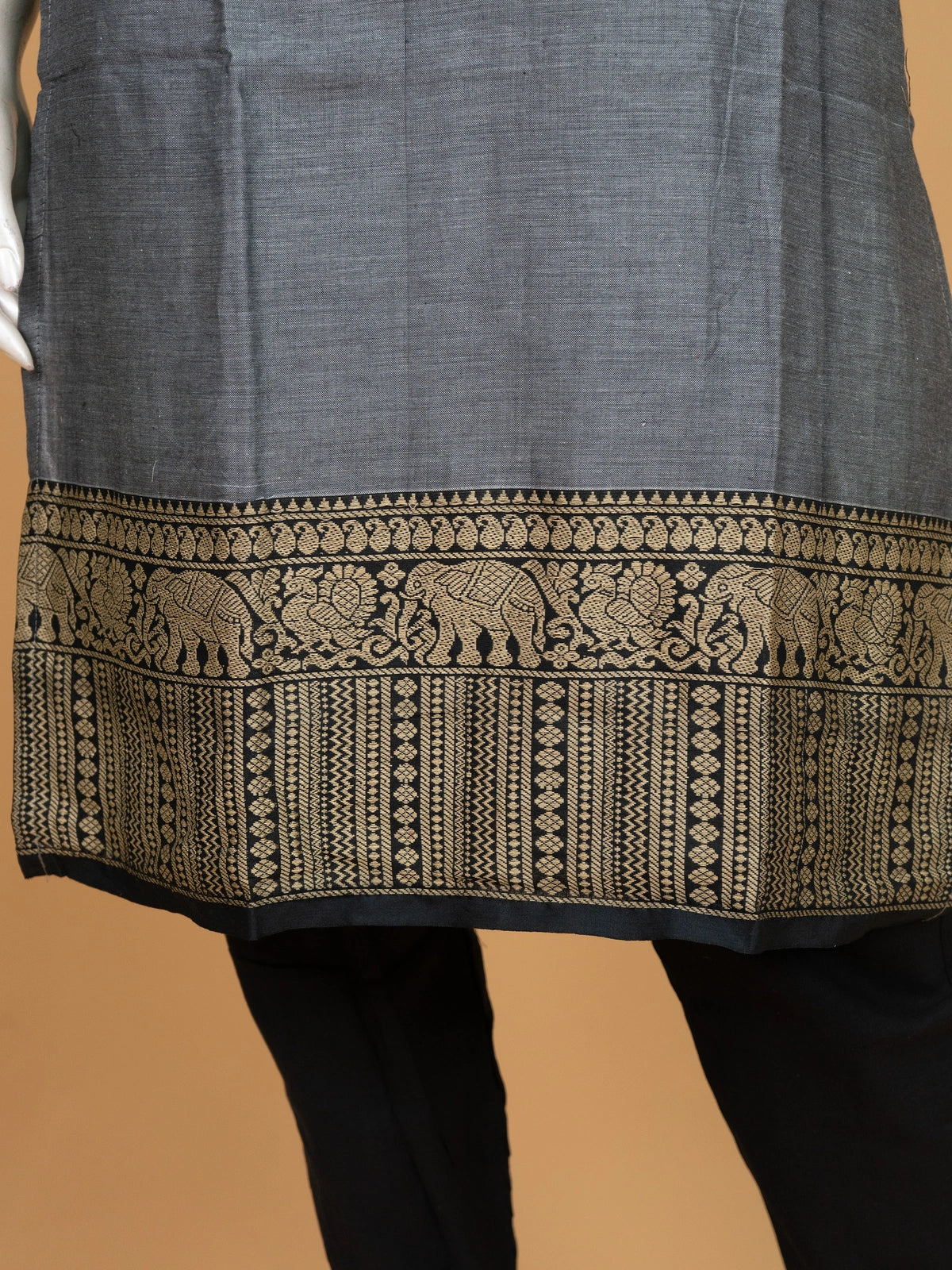 Grey cotton straight cut kurti set with black-gold woven elephant motif border and matching dupatta