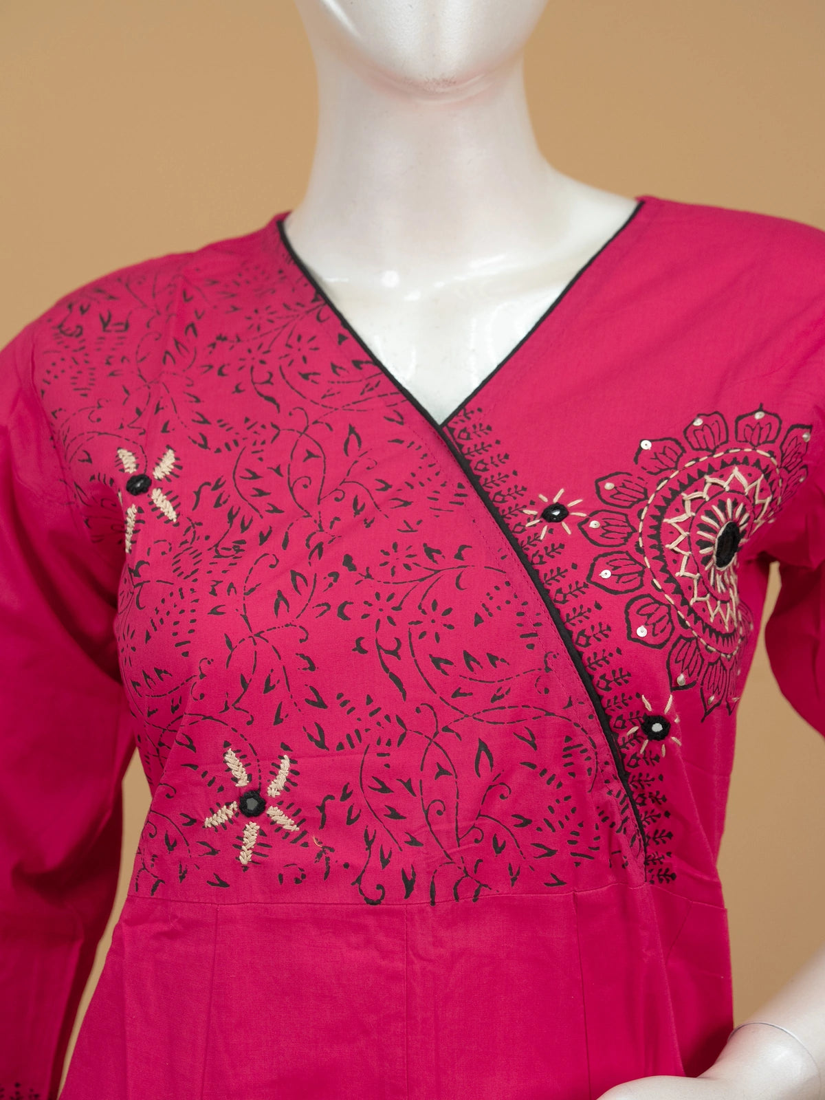 Rani Pink Cotton Angrakha Anarkali Kurti Set with black mandala-print dupatta