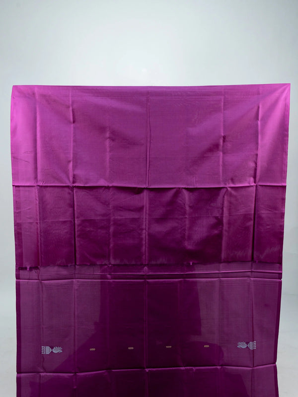 Magenta banana silk saree with peacock zari buttas and striped pallu
