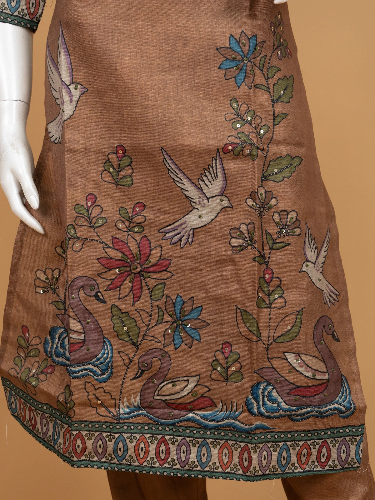 Brown Kalamkari bird print cotton straight cut kurti set with dupatta and pants