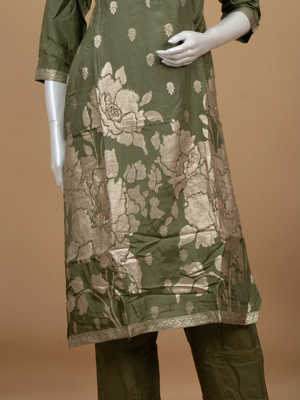 Olive Green zari floral silk straight cut kurti set with dupatta
