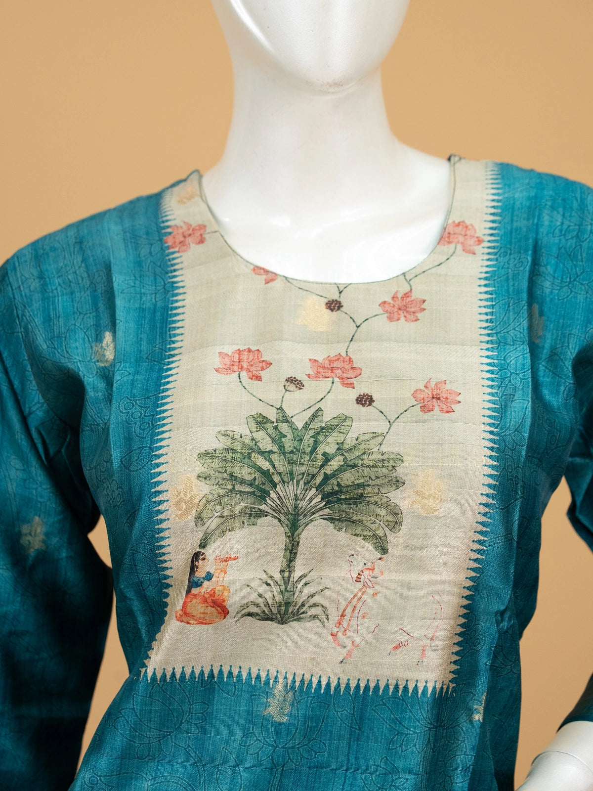 Teal tussar silk Pichwai printed straight cut kurti set with beige peacock dupatta and pants