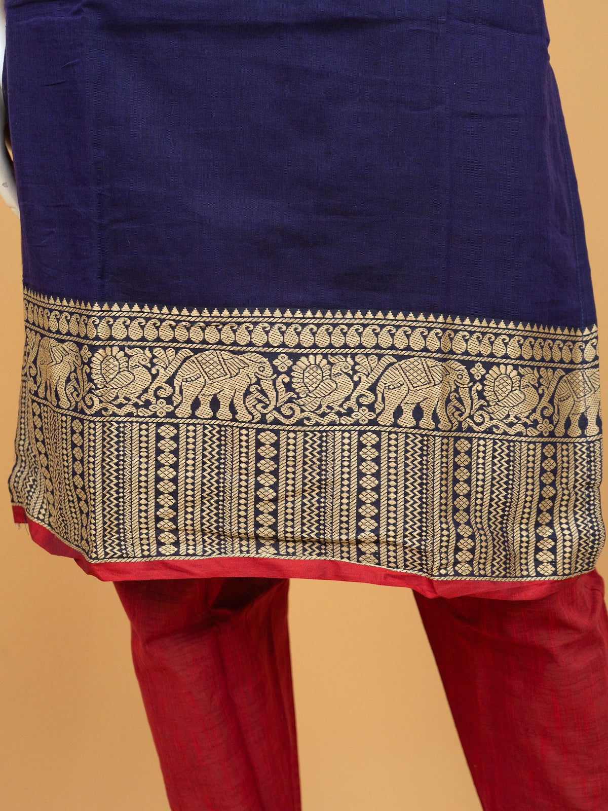 Navy Blue cotton straight cut kurti set with gold zari elephant border, red potli buttons and matching dupatta