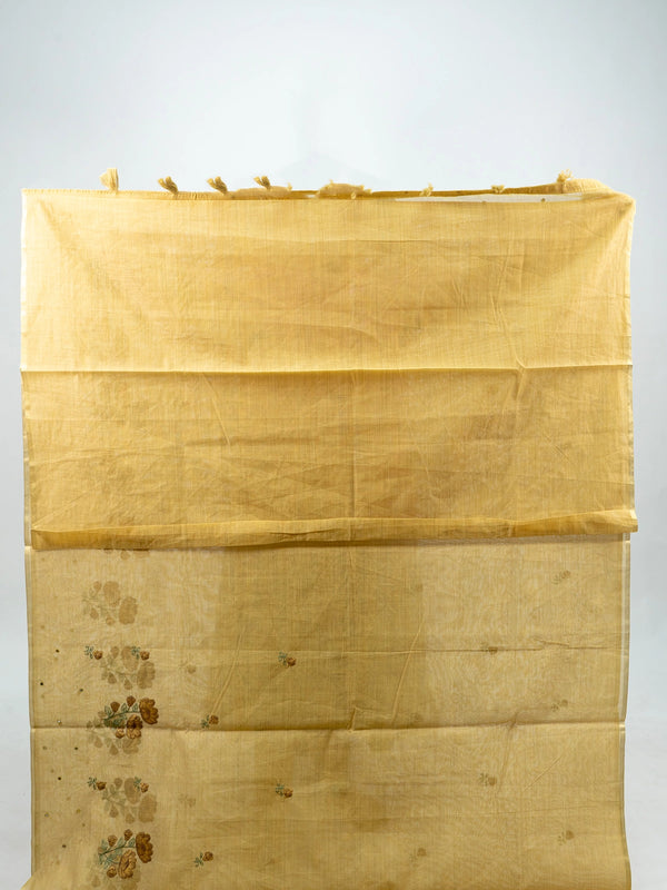 Yellow linen cotton saree with floral embroidered buttas and contrast black blouse