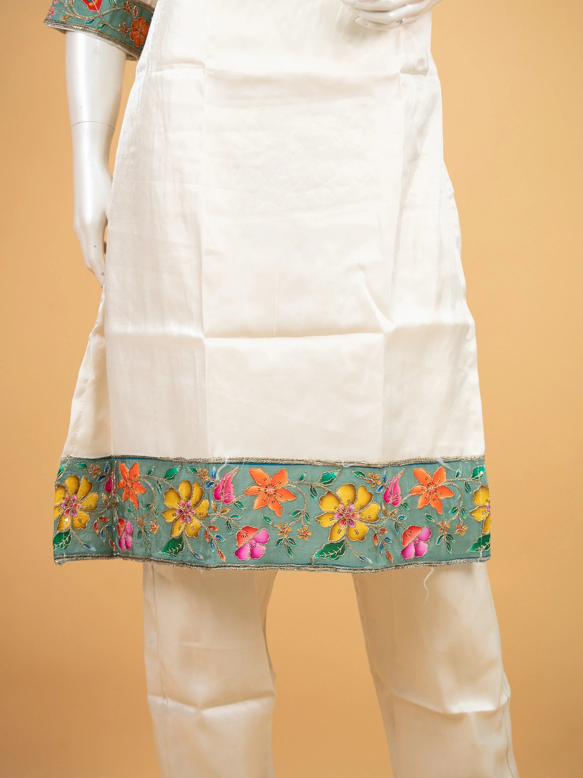 Off-White silk blend straight cut kurti set with sage green floral hand-painted embroidered yoke and matching dupatta