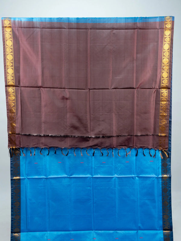 Sky blue banana silk saree with contrast brown pallu and gold zari border