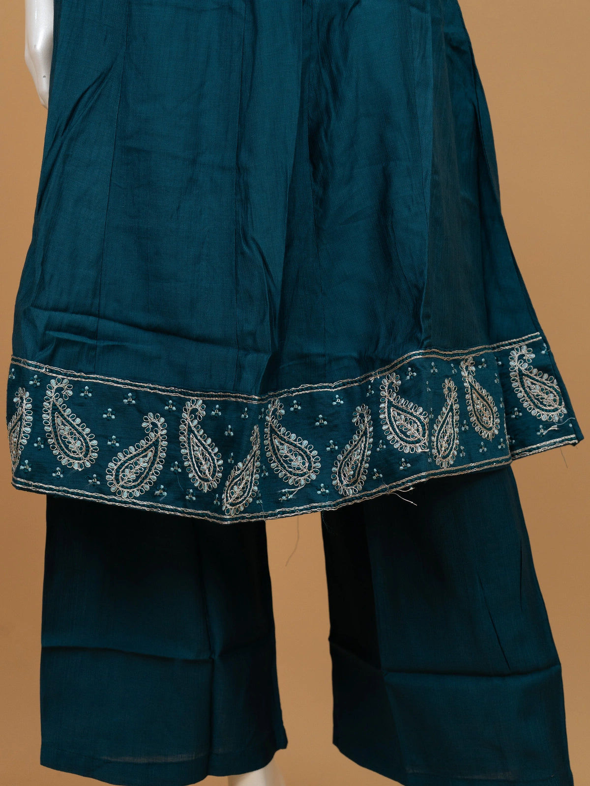 Teal cotton silk paisley embroidered A-Line kurti set with printed dupatta and matching pants