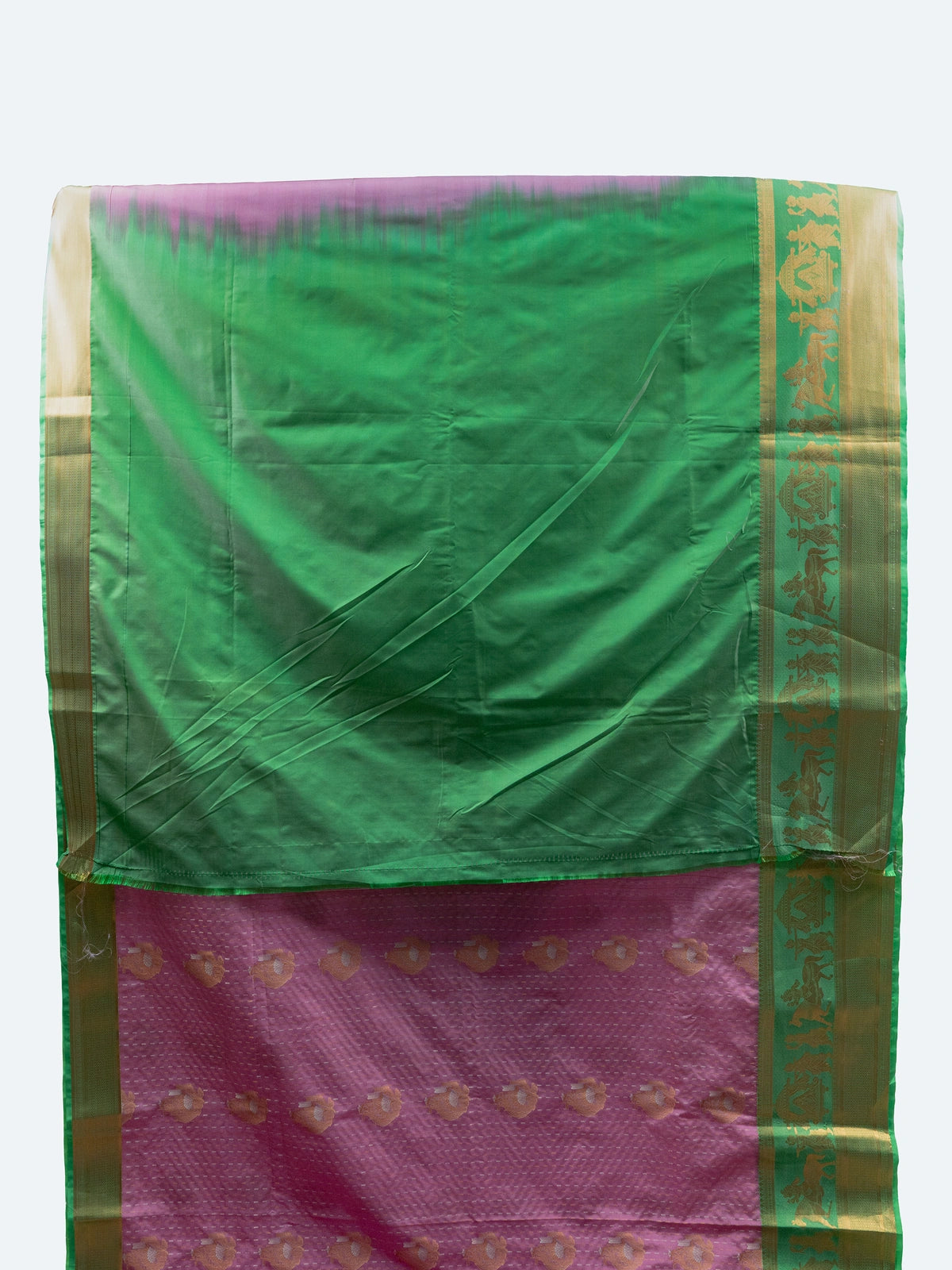 Pink soft silk saree with contrast green and gold zari border and floral zari pallu