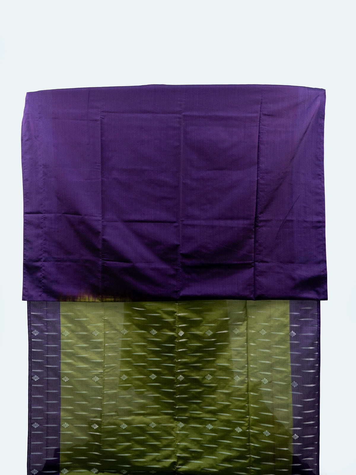 Olive green and purple soft silk saree with silver zari streaks and contrast purple pallu