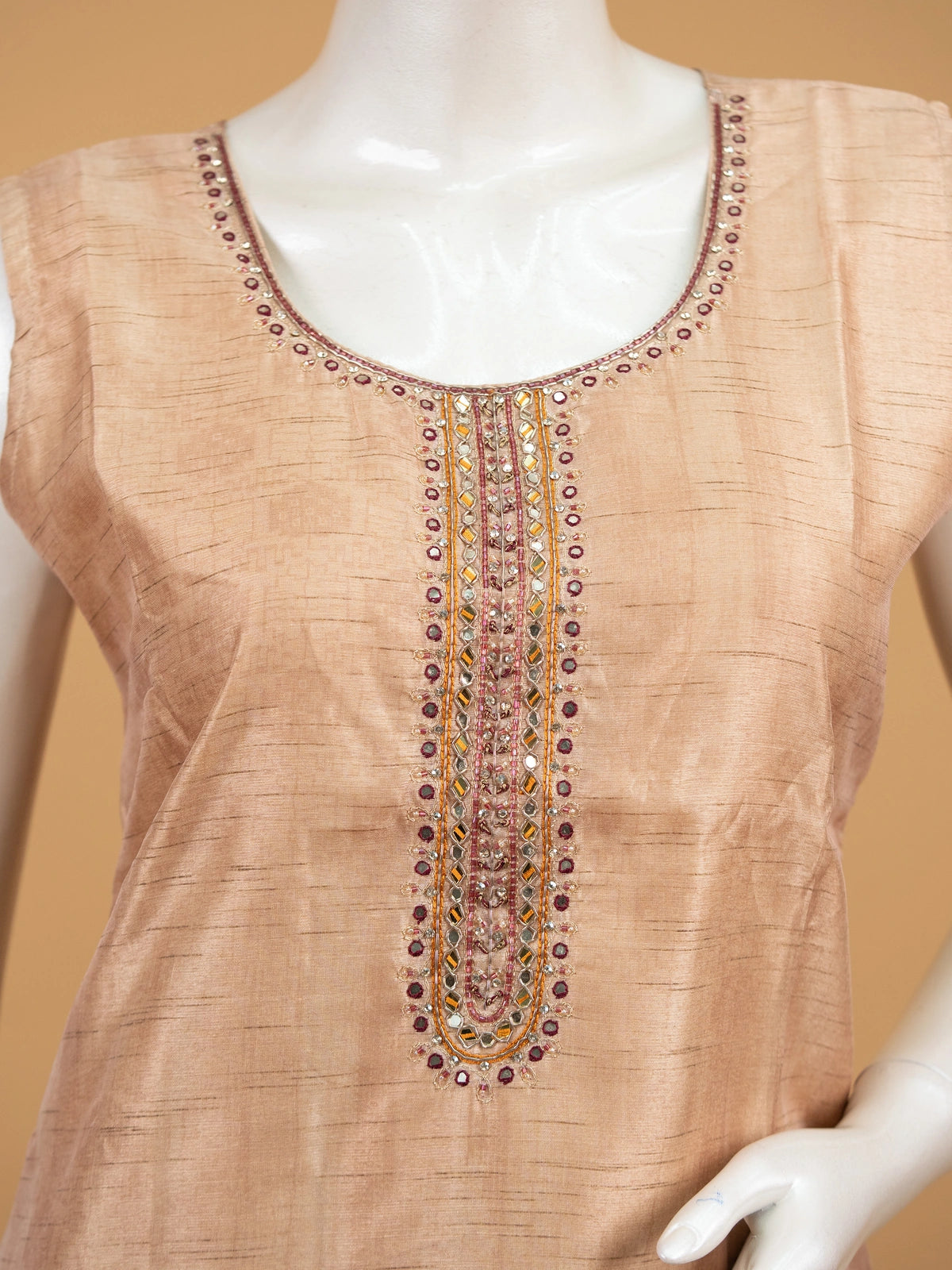 Beige floral tussar silk mirror work straight cut kurti set with printed dupatta