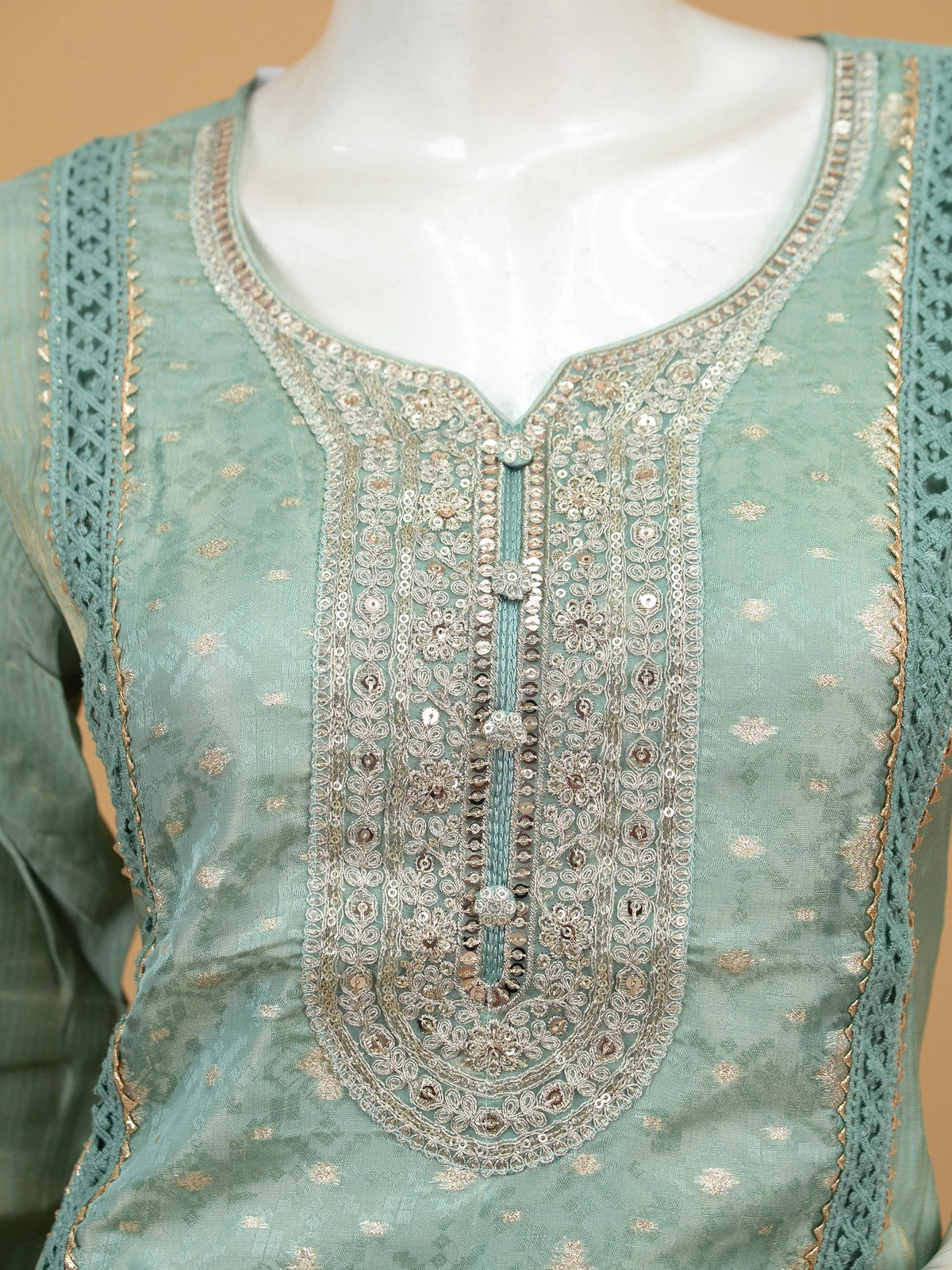 Sea Green Chanderi silk zari embroidered straight cut kurti set with pants and gold-dotted dupatta