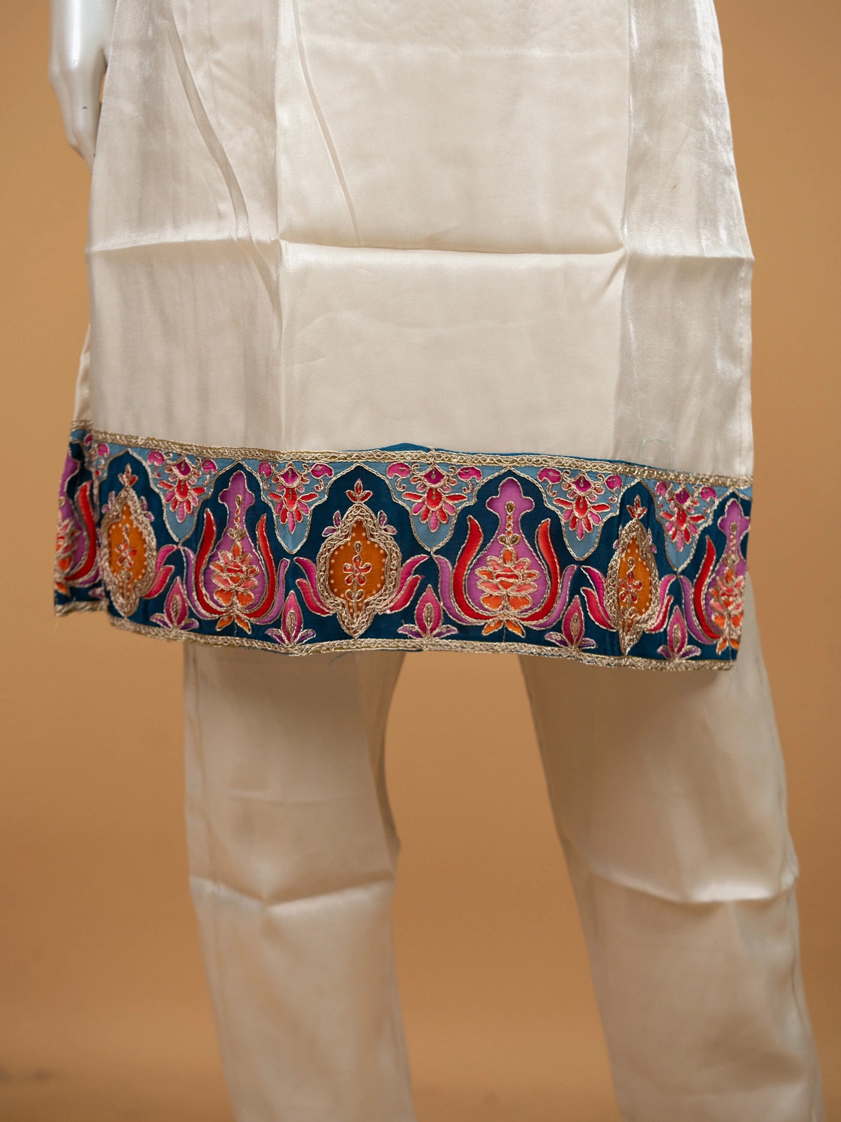 Cream art silk straight cut kurti set with teal floral embroidered yoke and printed dupatta
