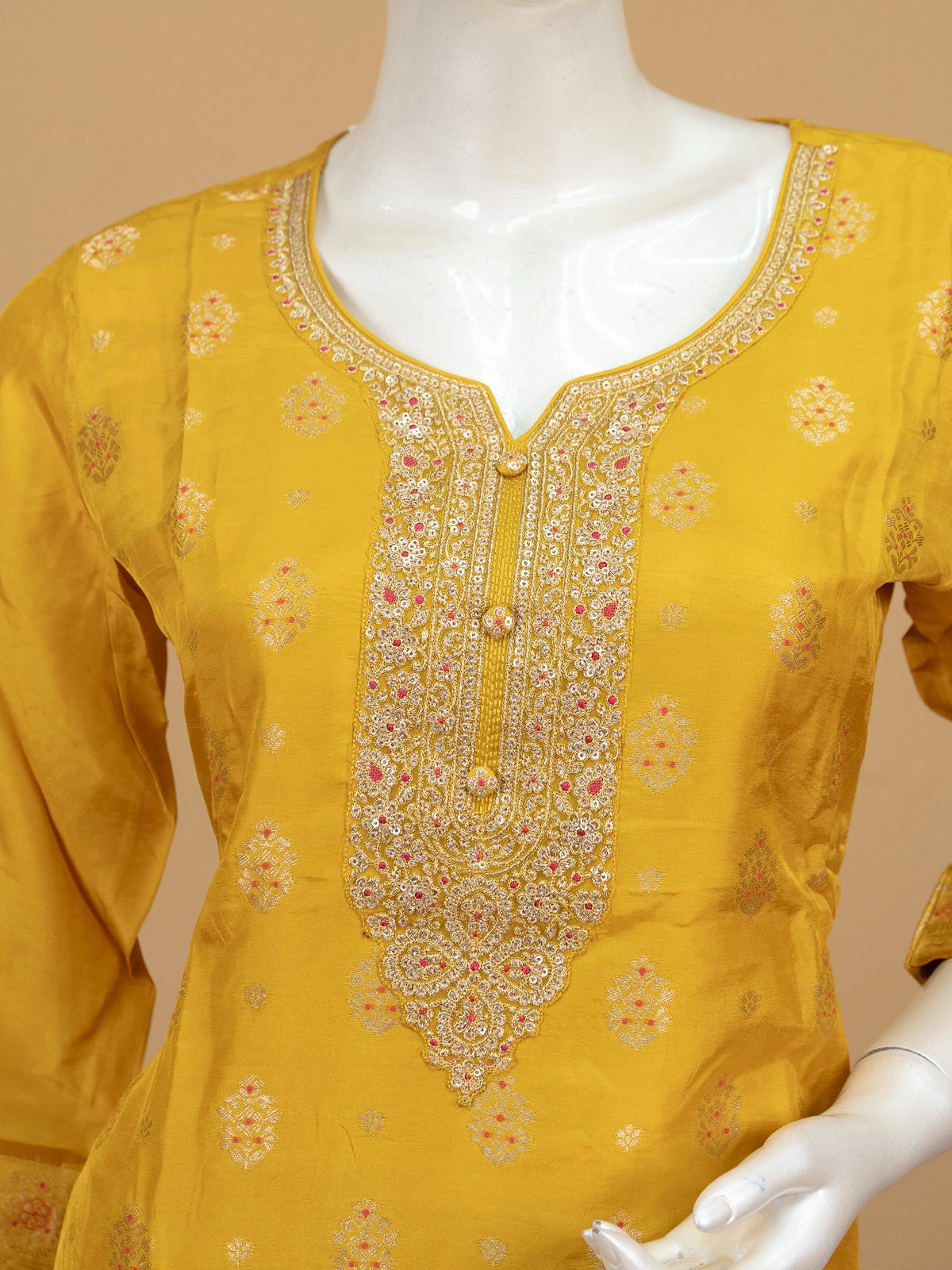 Mustard yellow zari woven silk straight cut kurti set with red woven dupatta and matching straight pants