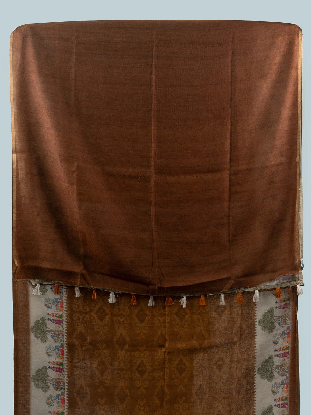 Brown and cream linen cotton saree with pichwai-style printed border, ikat body and contrast black blouse