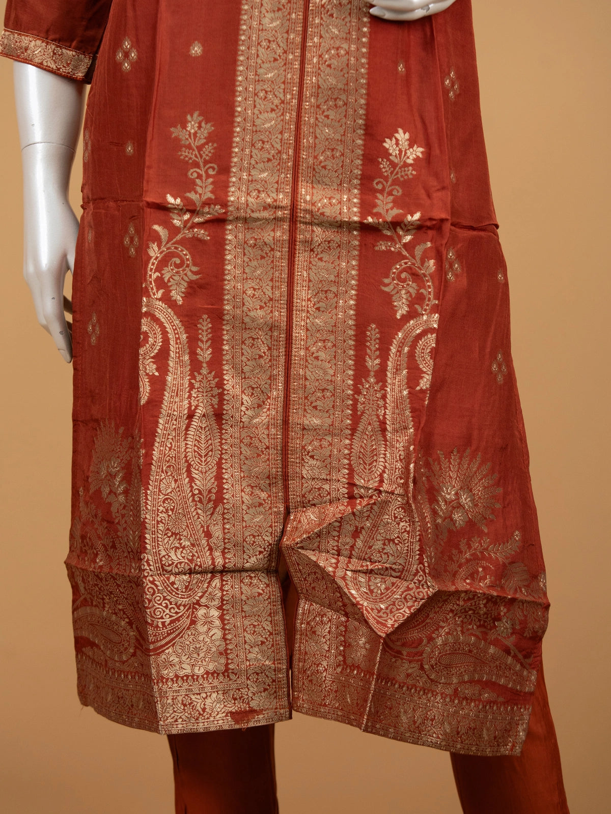 Rust Banarasi silk zari woven straight cut kurti set with matching pants and dupatta