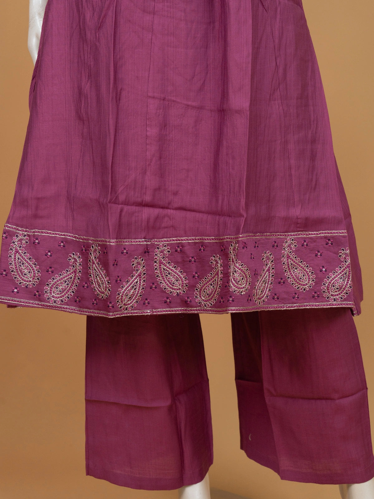 Mauve embroidered cotton silk A-line kurti set with zari paisley dupatta and straight pants