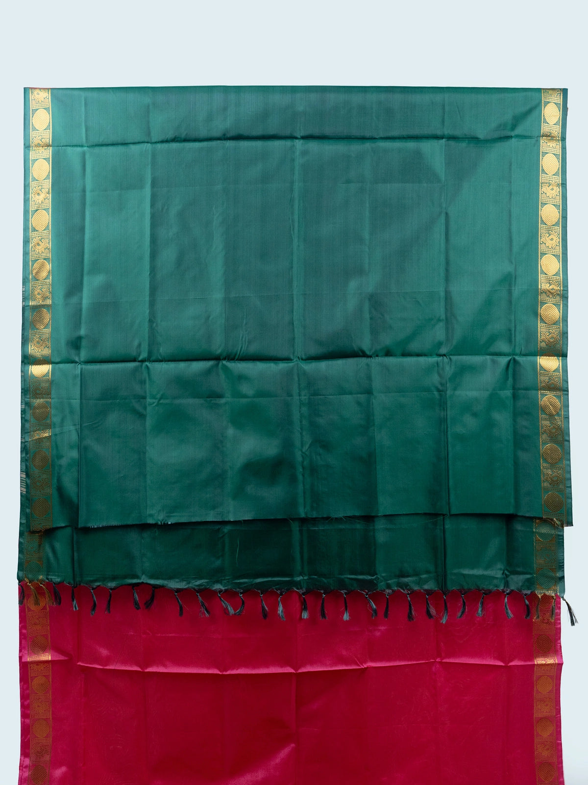 Pink Banana Silk saree with contrast green pallu and gold zari border