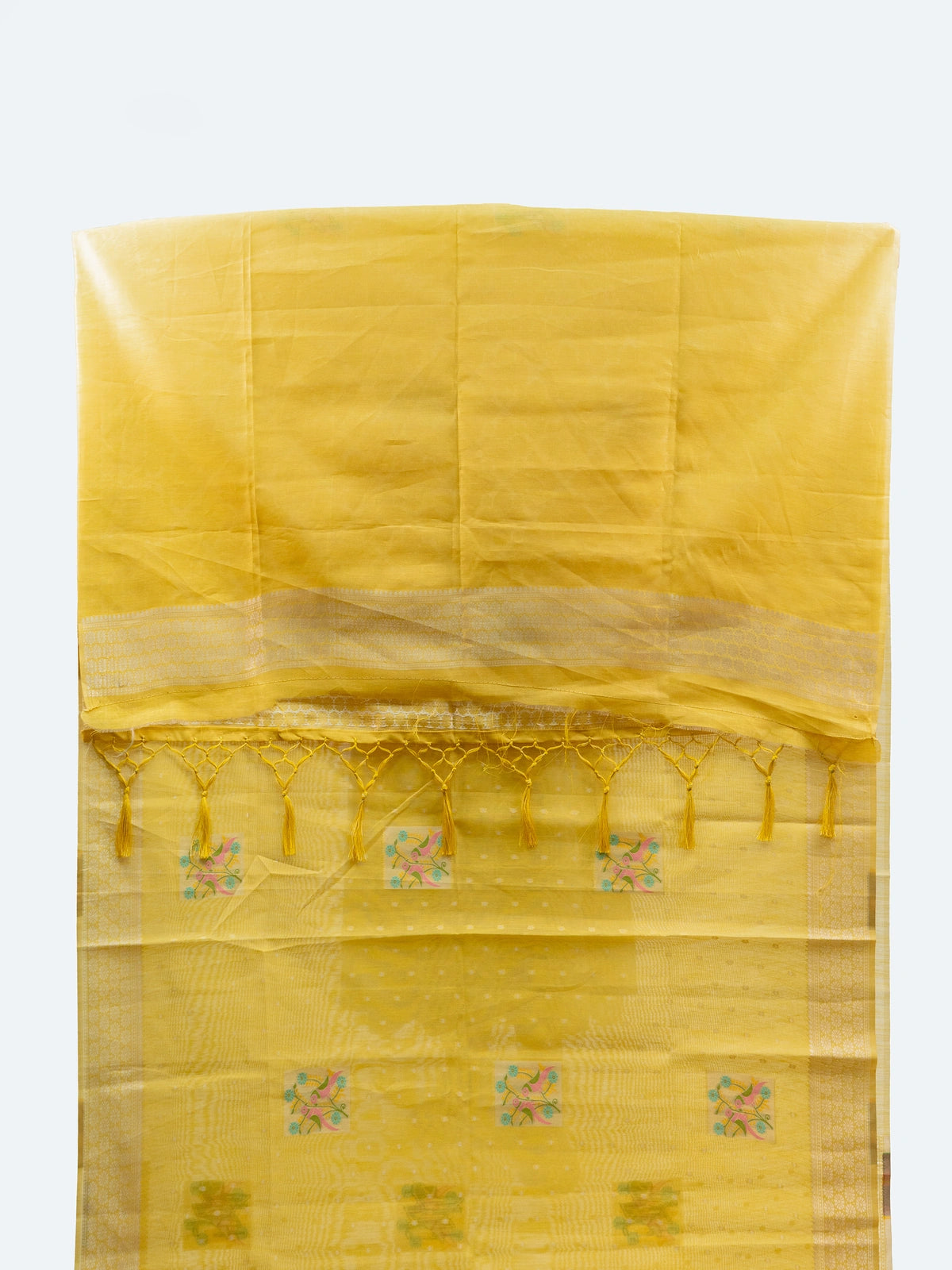 Bright yellow linen cotton saree with gold zari border, buti dots and pastel bird-floral motifs