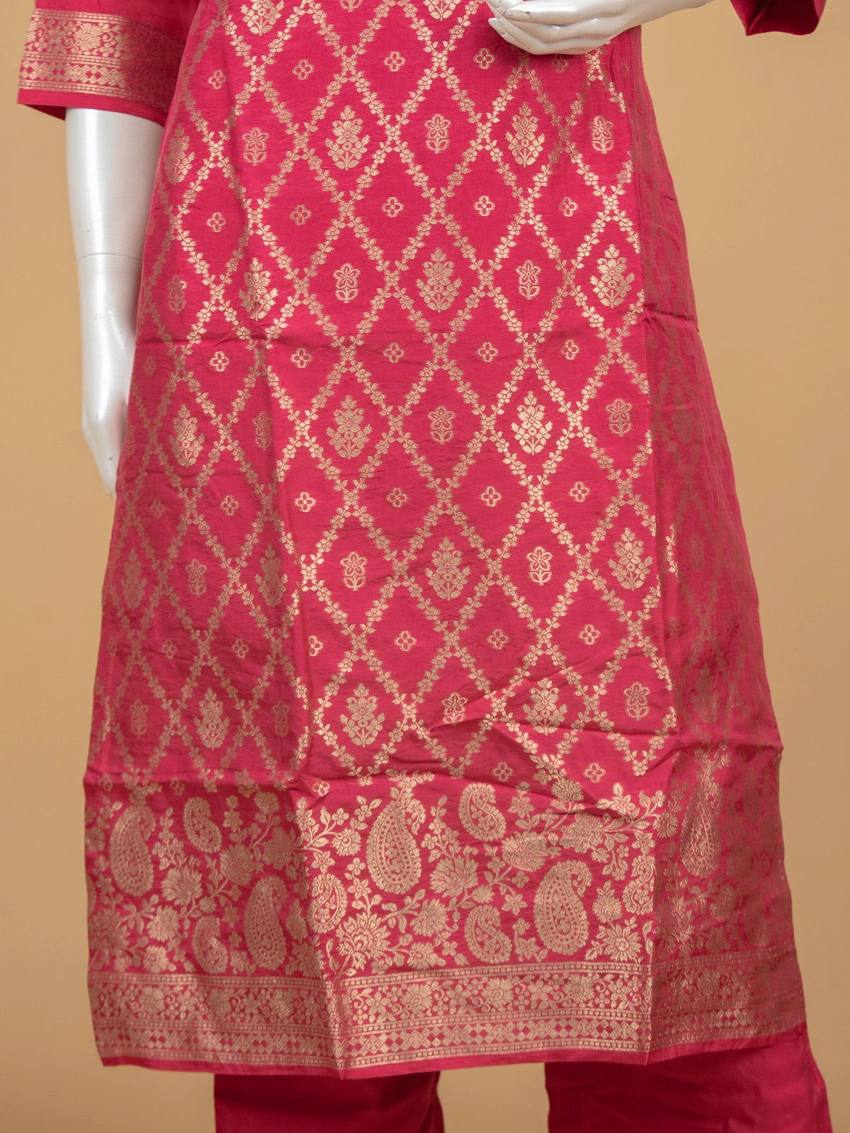 Rani Pink Banarasi silk zari woven straight cut kurti set with floral print dupatta