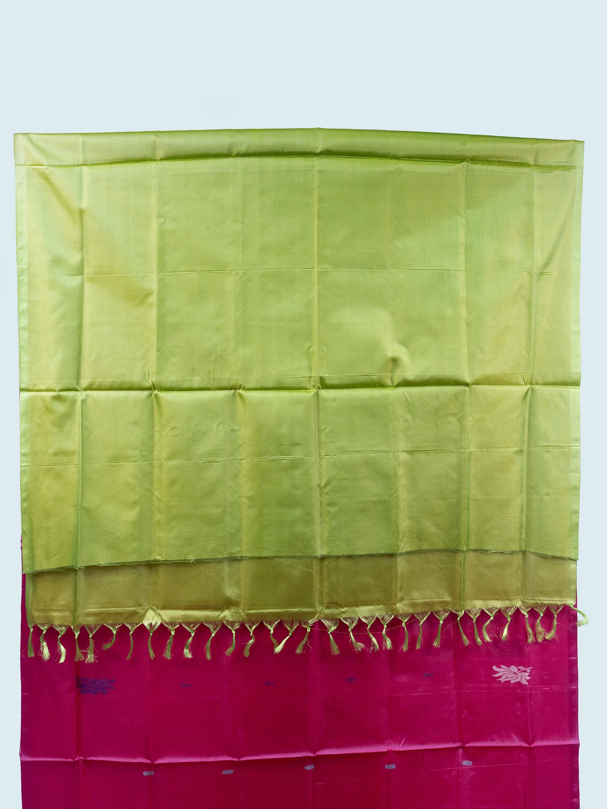Rani pink Banana Silk saree with lime green contrast pallu, gold zari border and woven floral buttas