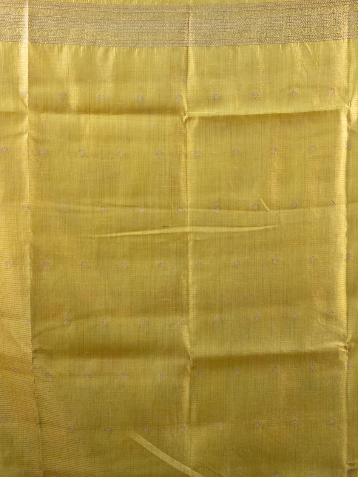 Yellow semi raw silk saree with zari leaf border and multicolour floral pallu