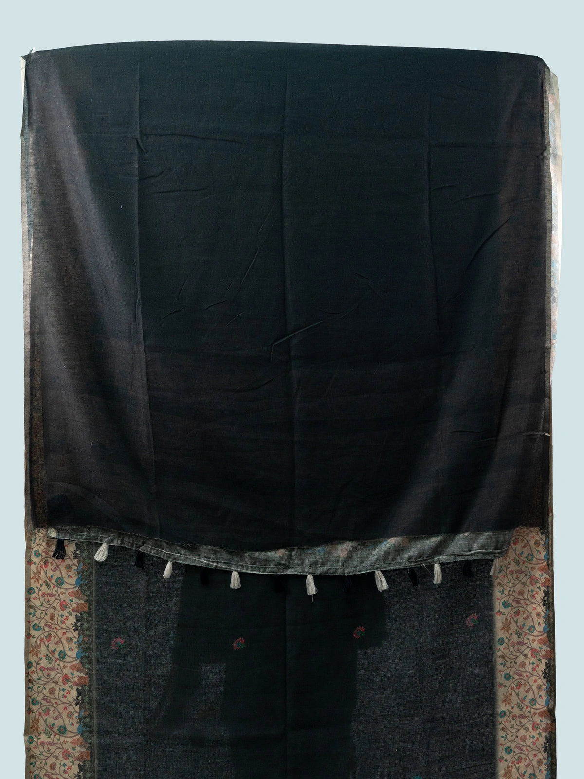 Black linen cotton saree with contrast cream multicolour floral border and pallu