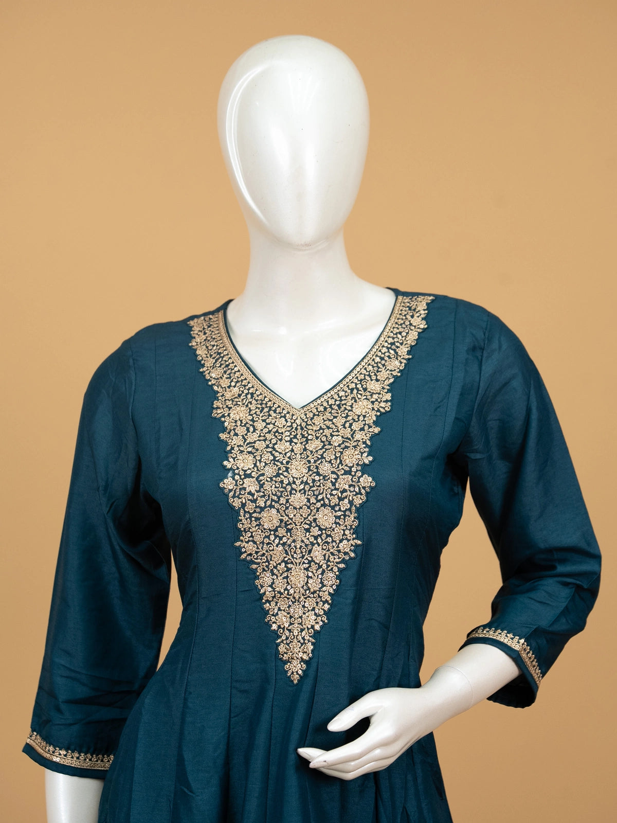 Teal Blue Art Silk Zari Embroidered Anarkali Kurti Set with Bandhani Dupatta
