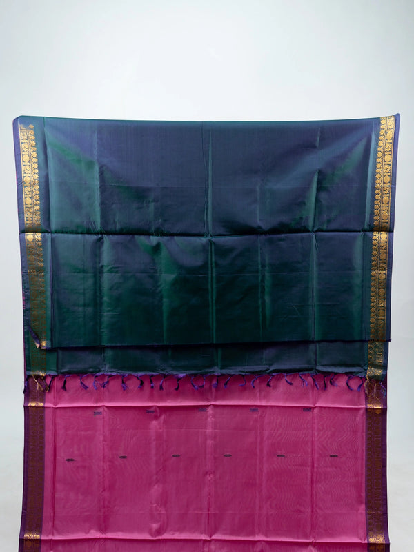 Pink and teal green Banana Silk saree with gold zari border and contrast striped pallu