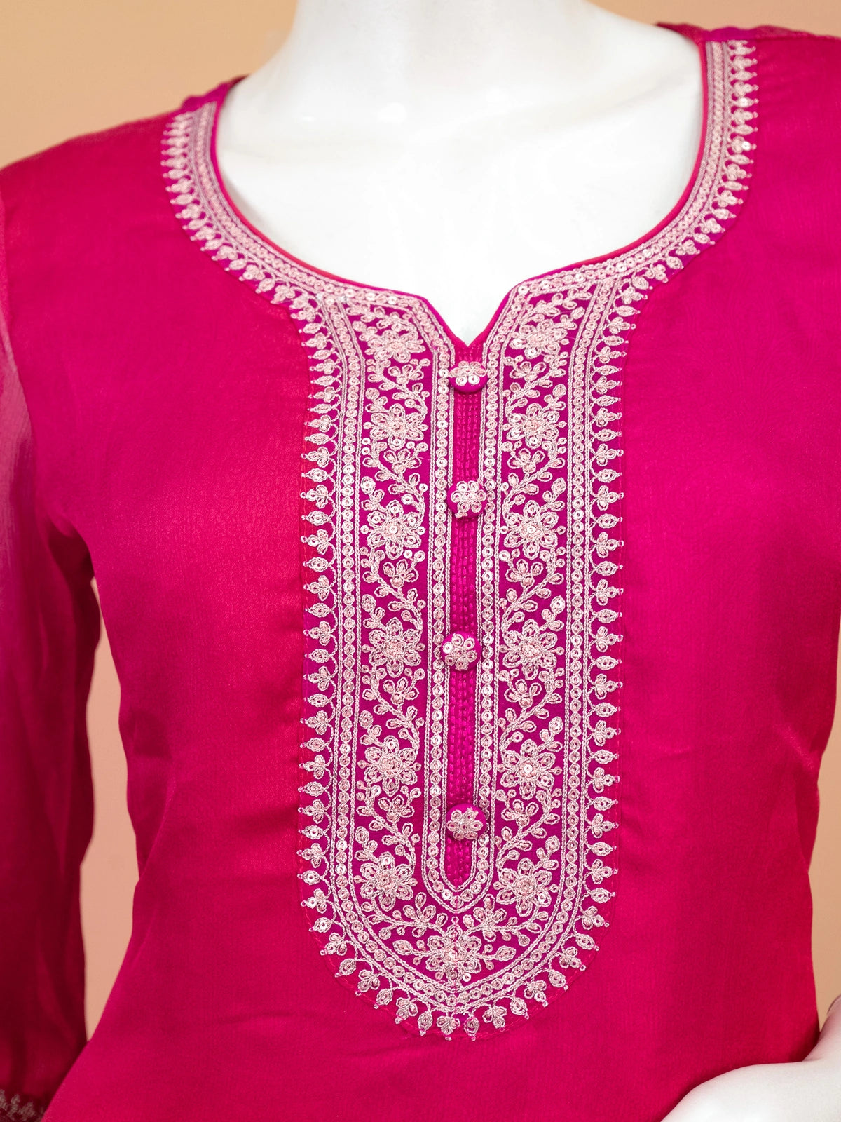 Rani Pink zari embroidered chiffon straight cut kurti set with bandhani dupatta