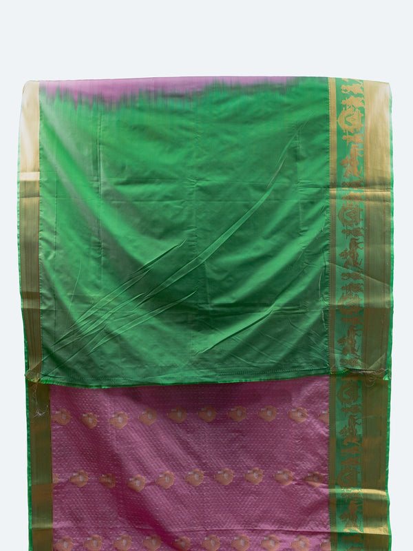 Pink and green Vaira Oosi design semi silk saree with gold zari butis, contrast green zari border and floral pallu
