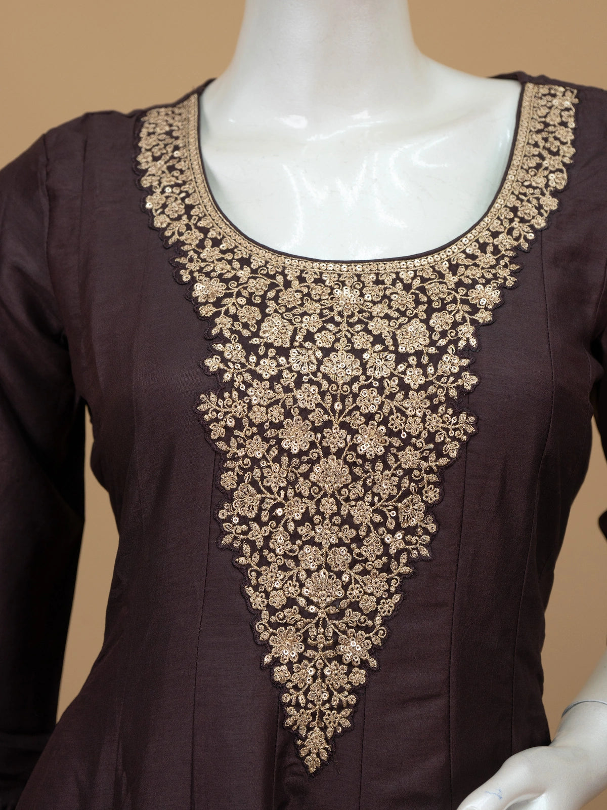 Dark Brown Zari Embroidered Anarkali Kurti Set with Maroon Bandhani Dupatta