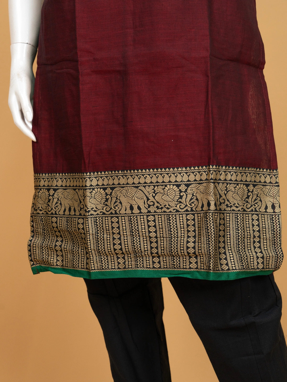 Maroon cotton silk straight cut kurti set with gold zari elephant border and dupatta