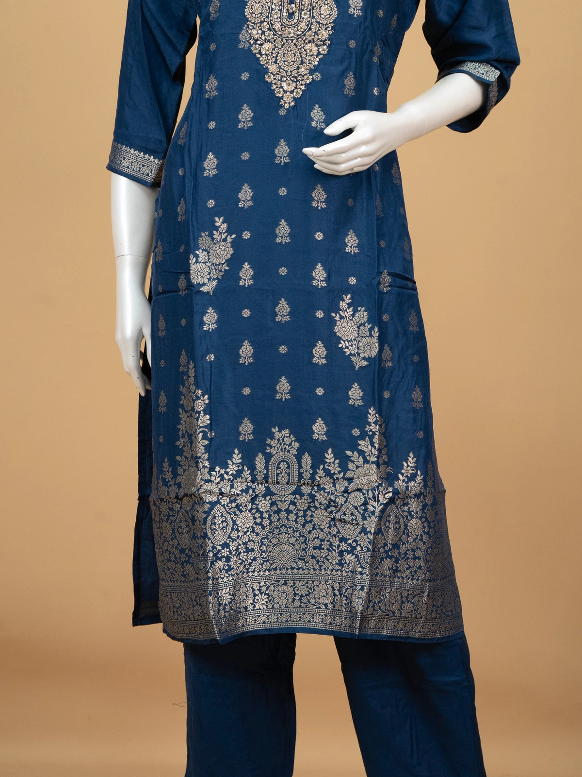 Peacock Blue Zari woven straight cut kurti set with embroidered neckline and floral printed dupatta