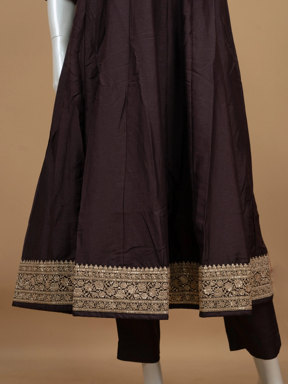 Dark Brown Zari Embroidered Anarkali Kurti Set with Maroon Bandhani Dupatta