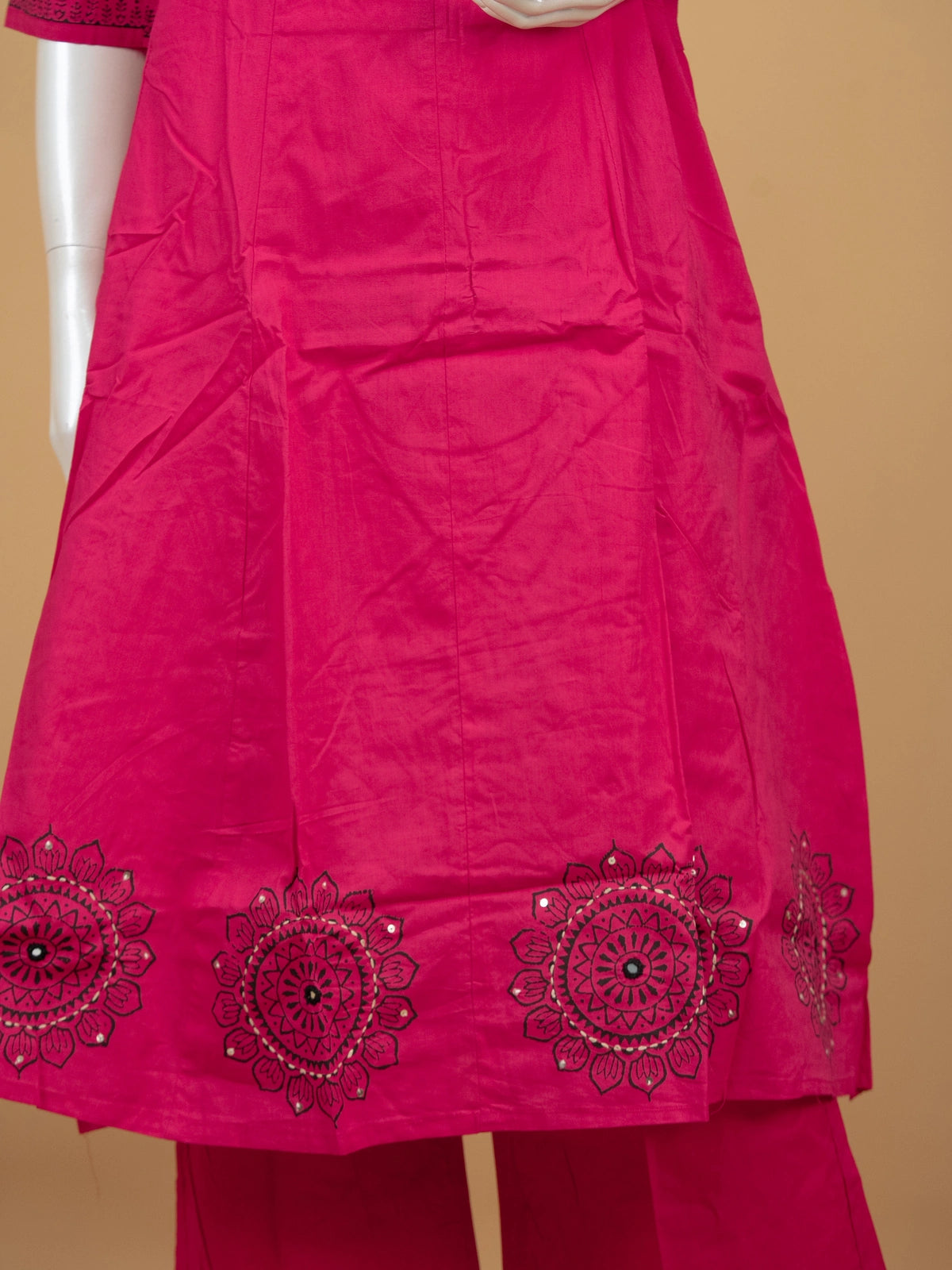 Rani Pink Cotton Angrakha Anarkali Kurti Set with black mandala-print dupatta