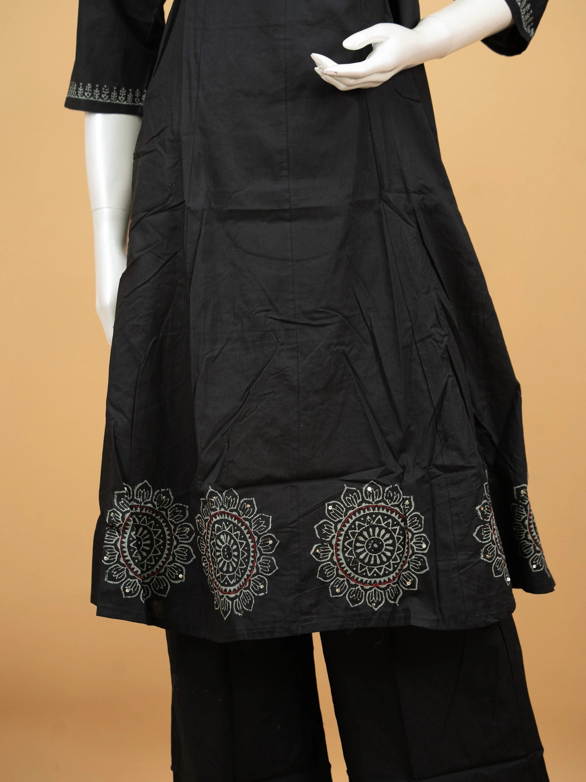 Black cotton block print mandala Anarkali kurti set with sage green dupatta