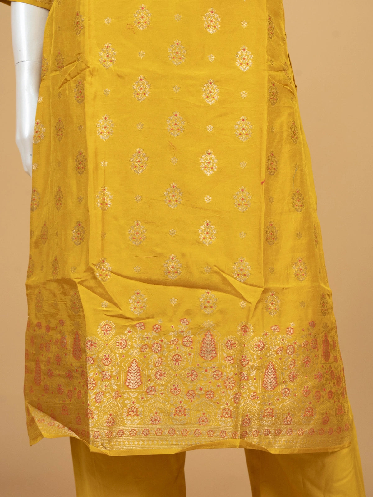 Mustard yellow zari woven silk straight cut kurti set with red woven dupatta and matching straight pants