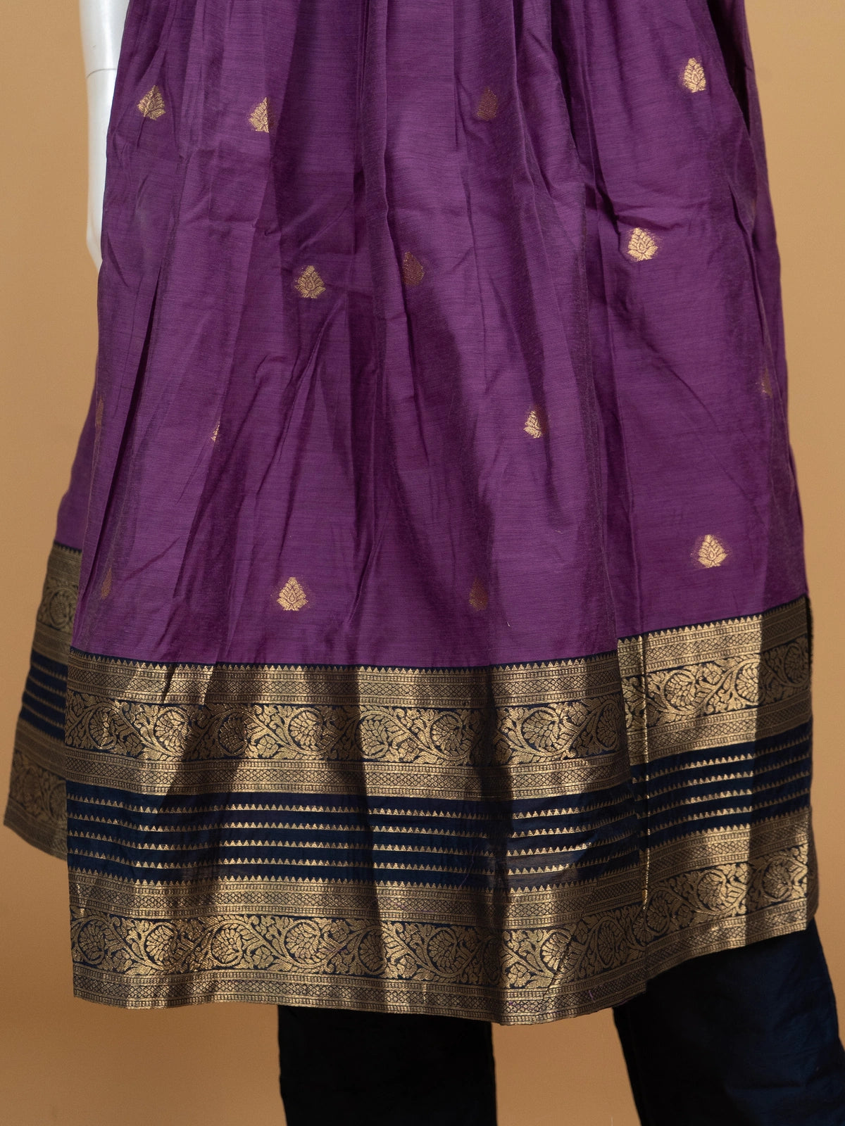 Purple Anarkali kurti set with navy blue zari woven yoke, dupatta and straight pants