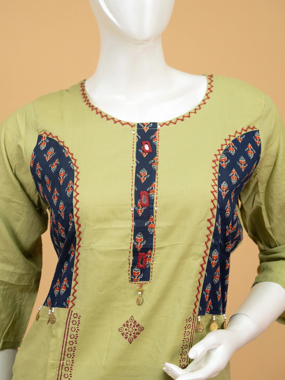 Mehendi green cotton straight cut kurti set with navy Ajrakh patchwork, kantha embroidery and printed dupatta