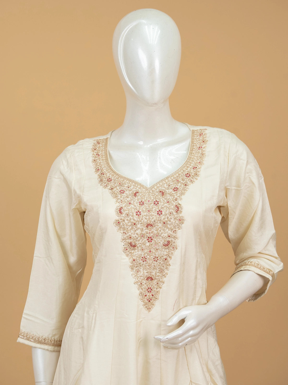 Cream zari embroidered anarkali kurti set with maroon bandhani dupatta and cream straight pants