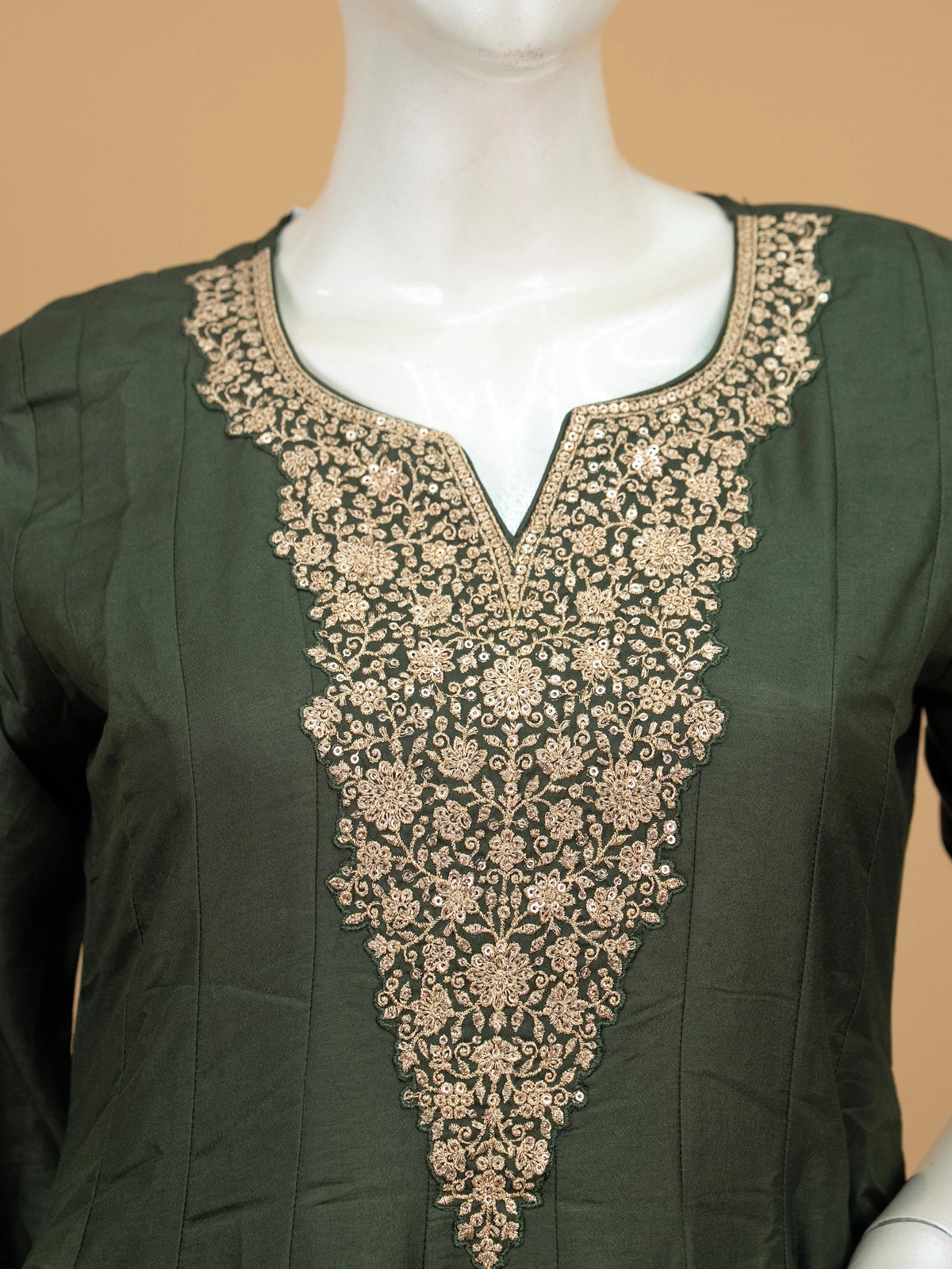 Bottle Green silk blend zari embroidered Anarkali kurti set with gold neckline and green gold dupatta