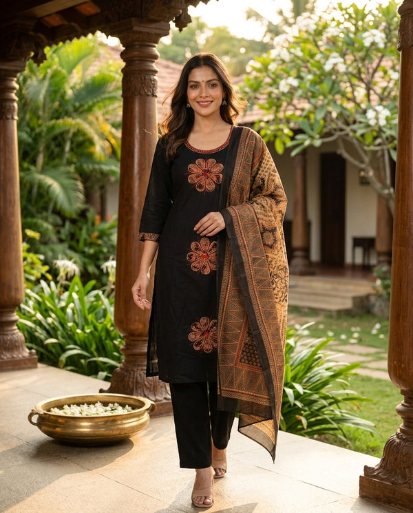 Black with Beige and Red Dupatta Ready Made Straight Cut Kurti Set