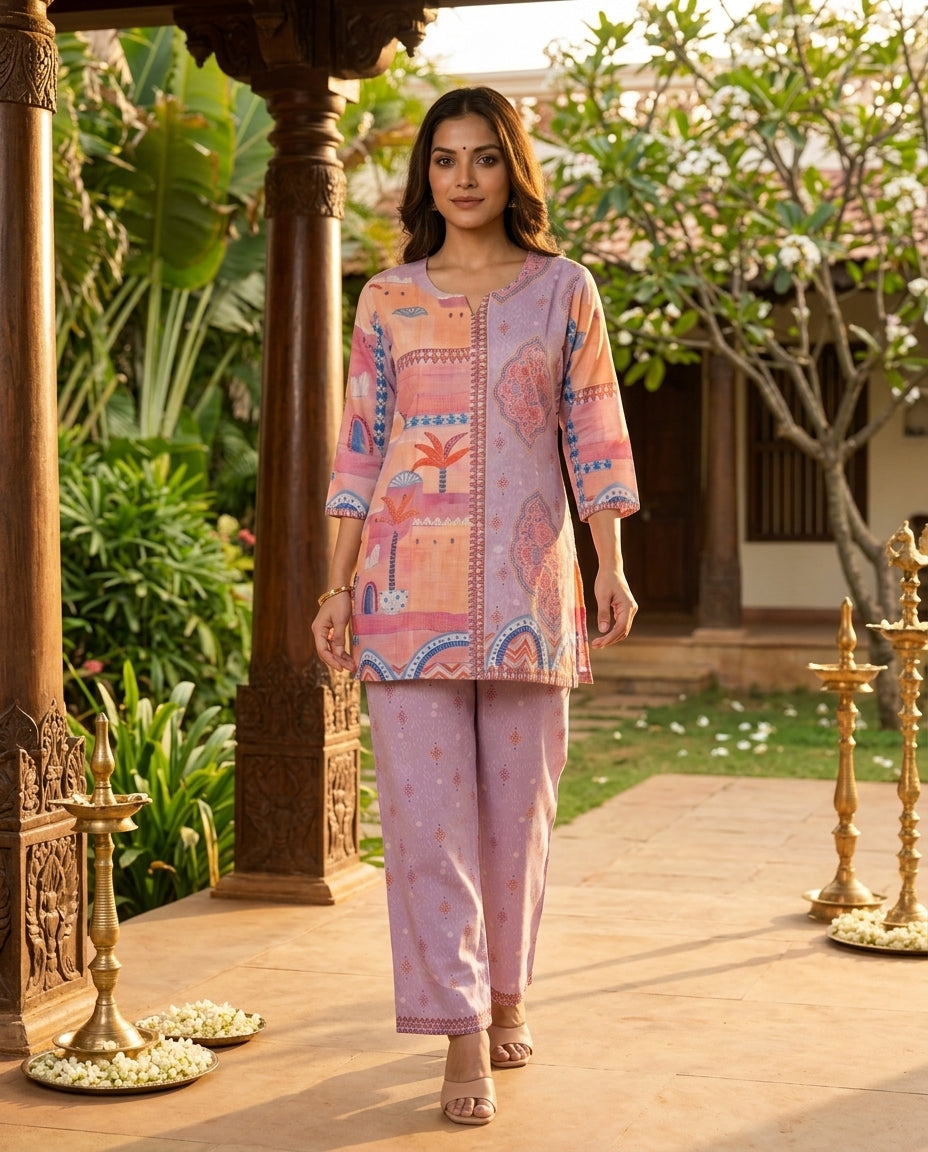 Lilac Multicolour Printed Cotton Co-ord Set Kurti Set