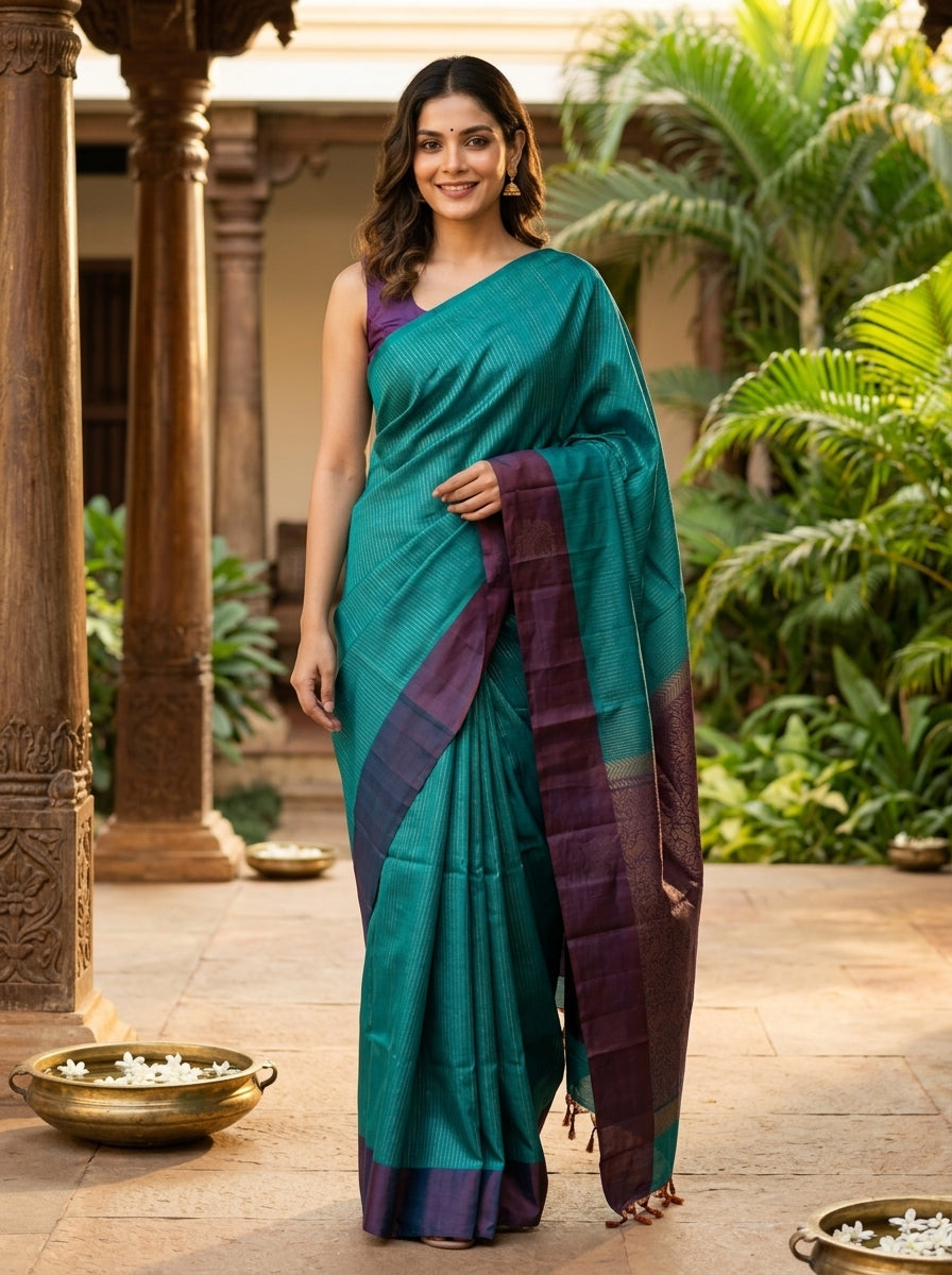 Teal and Purple Kanchipuram Pure Mix Saree