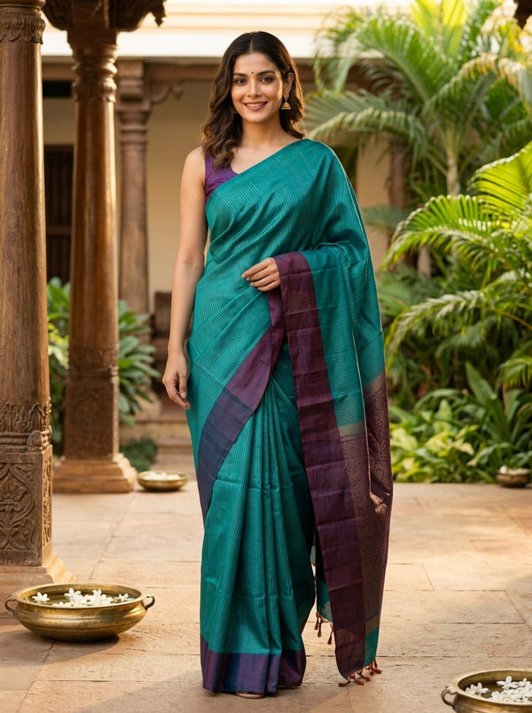 Teal and Purple Kanchipuram Pure Mix Saree