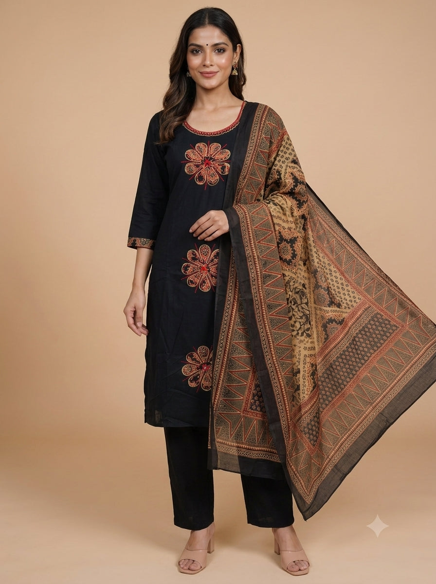 Black with Beige and Red Dupatta Ready Made Straight Cut Kurti Set