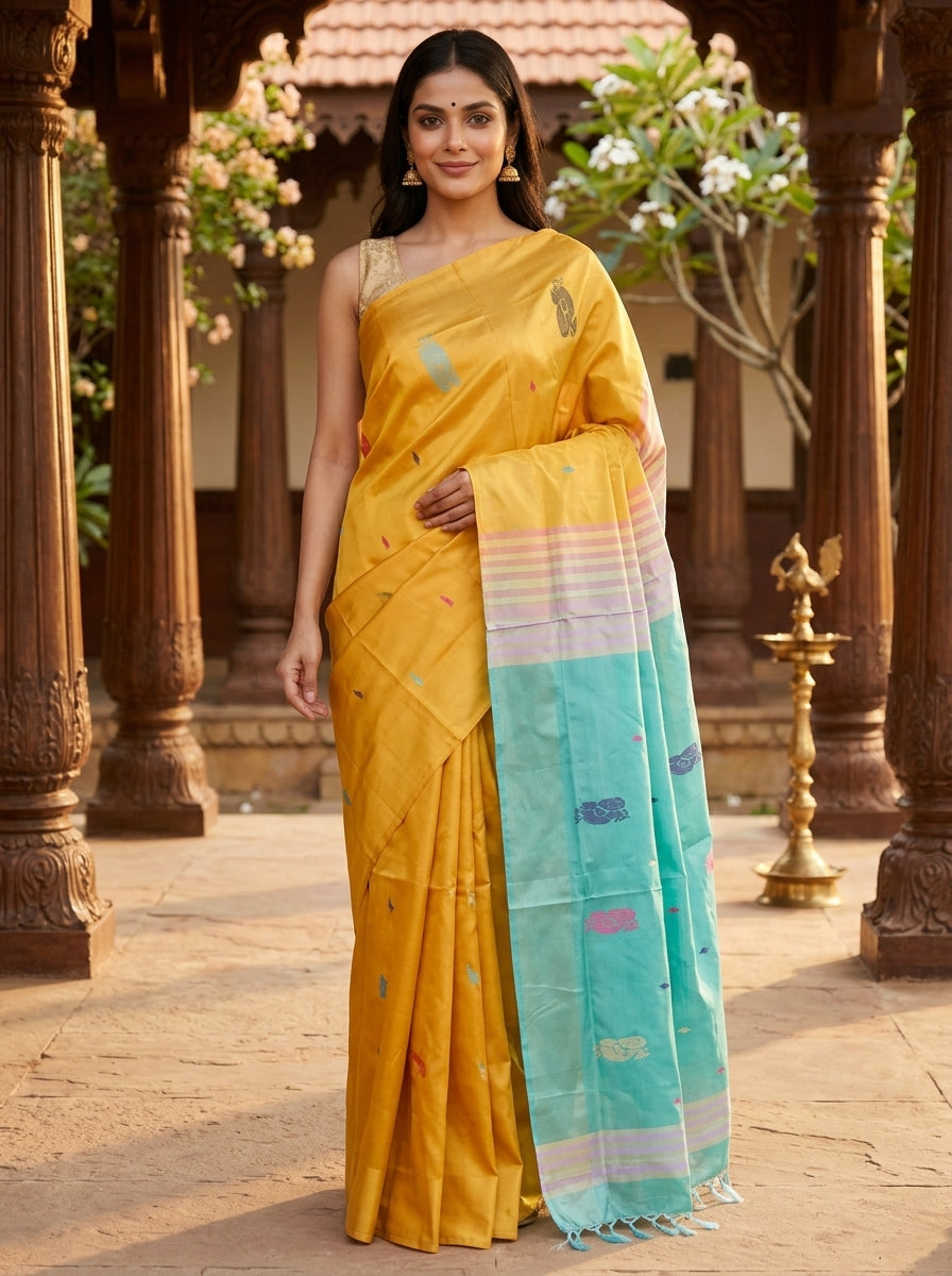 Mustard Yellow and Turquoise Banana Silk Sarees